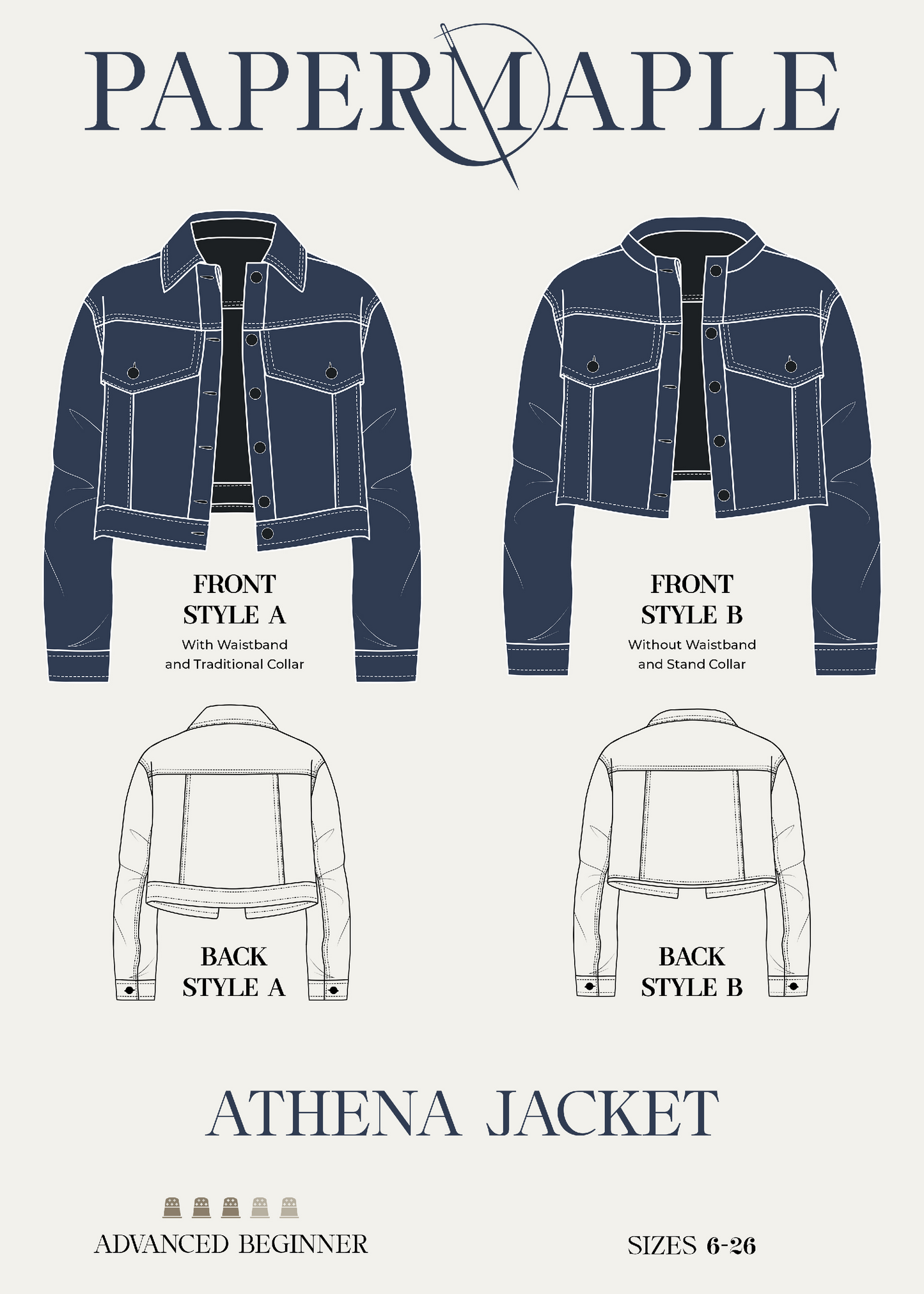 Pattern for The Athena Jacket, a semi-fitted classic by Papermaple Studio, displayed on a pattern sheet with detailed sewing lines.