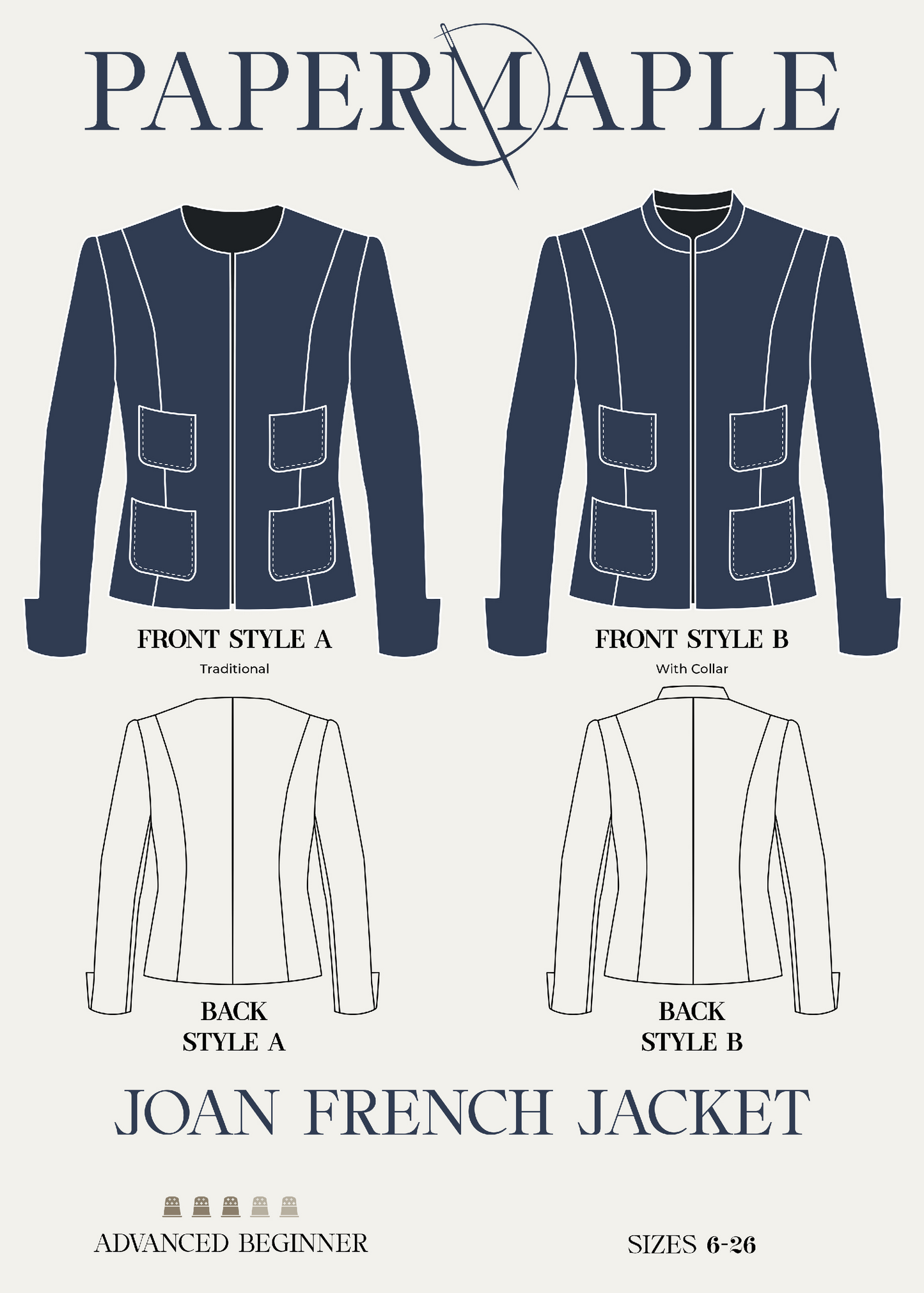 French jacket pattern by Papermaple Studio featuring a classic design with a three-piece sleeve, shown in the catalog image.