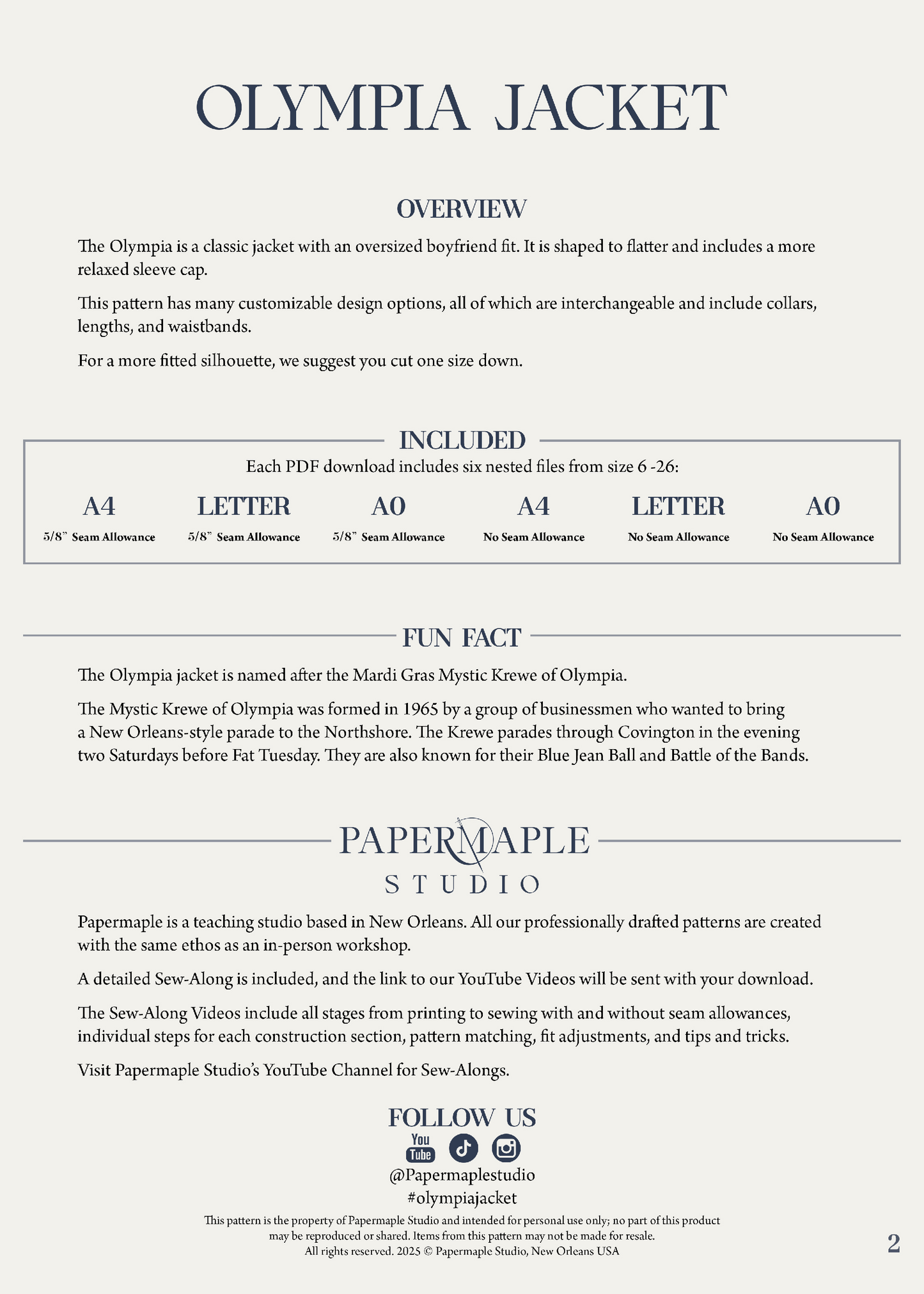 Pattern for The Olympia Jacket by Papermaple Studio, showcasing a detailed sewing pattern on a printed sheet.