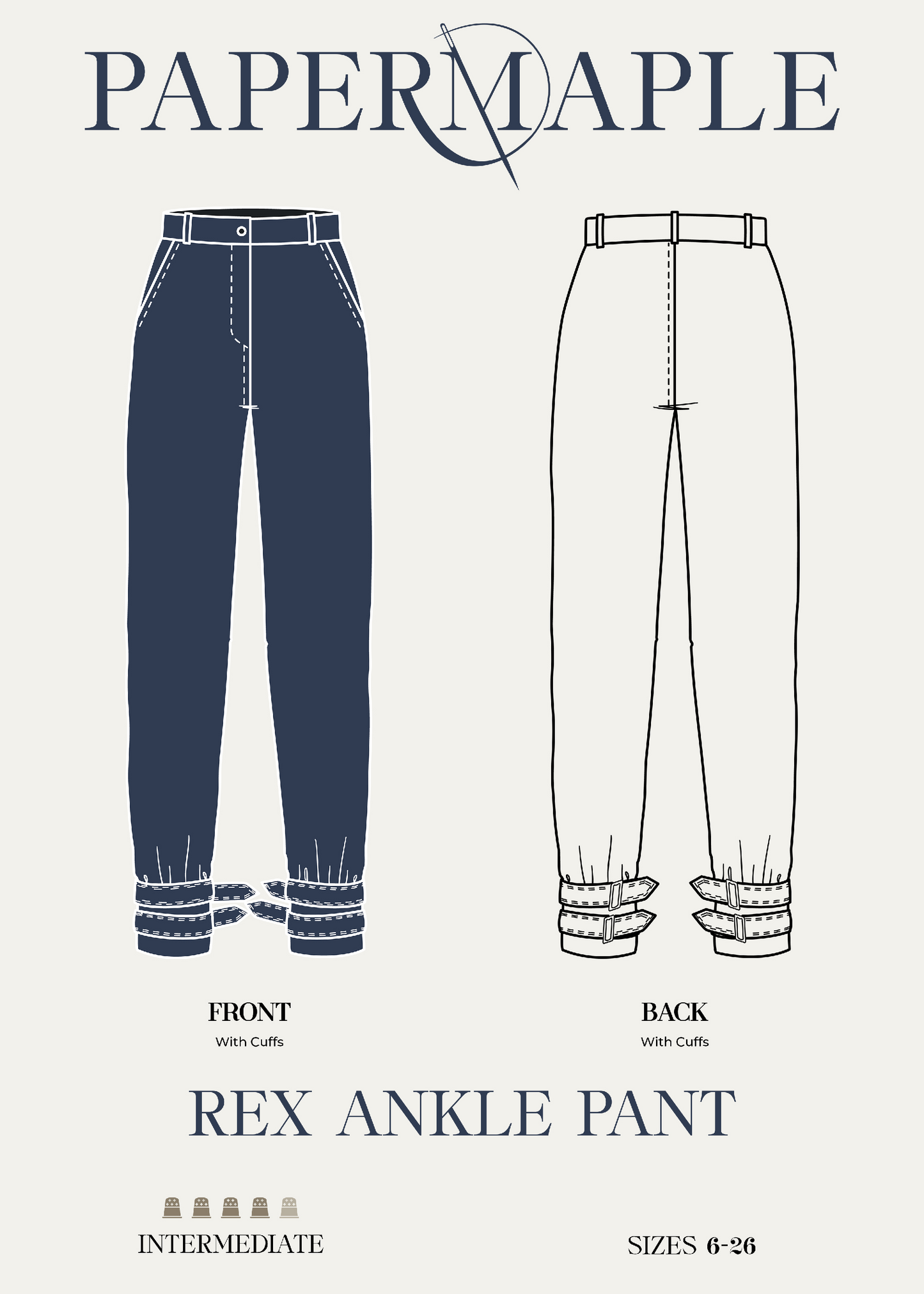 Pattern for The Rex Pants with gathered ankles by PaperMaple Studio, showcasing a printed pattern design for sewing.