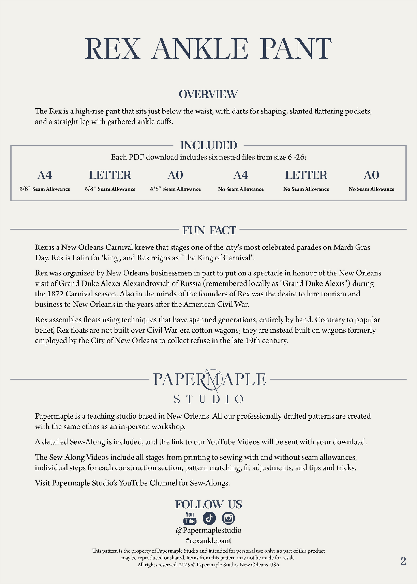 Pattern for The Rex Pants with gathered ankles from Papermaple Studio, featuring a flat lay of the pattern pieces and fabric swatches.