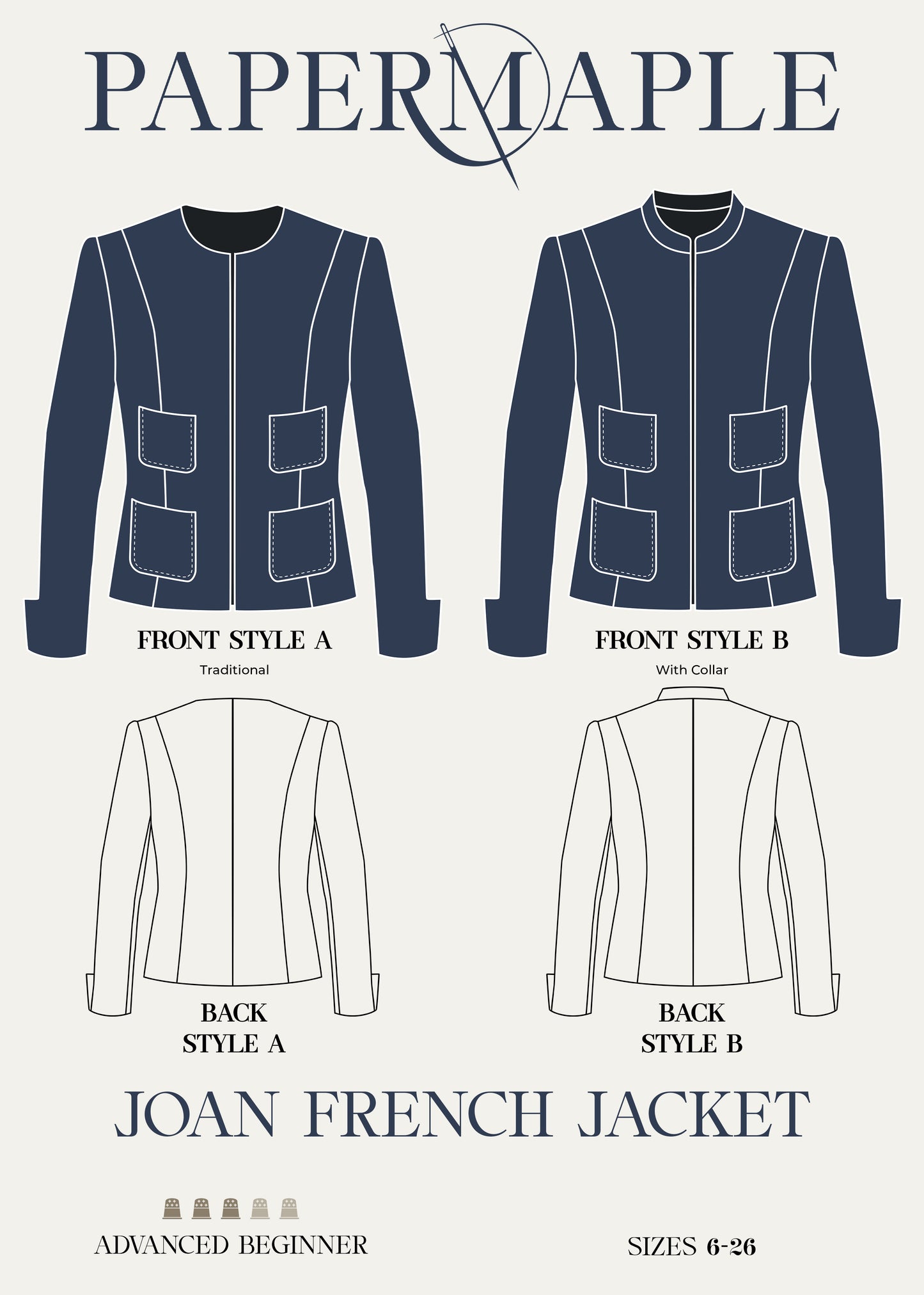 Cover art for Papermaple Studio's online monthly French jacket clinics featuring a stylish jacket pattern design.