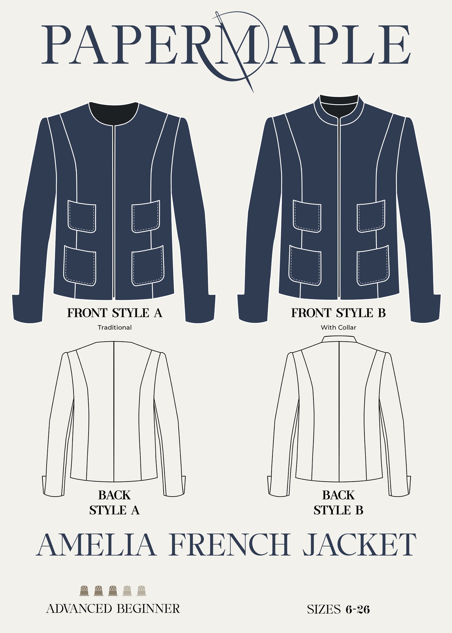 Image of a French jacket from Papermaple Studio's online live class catalog, showing a stylish, tailored jacket design.
