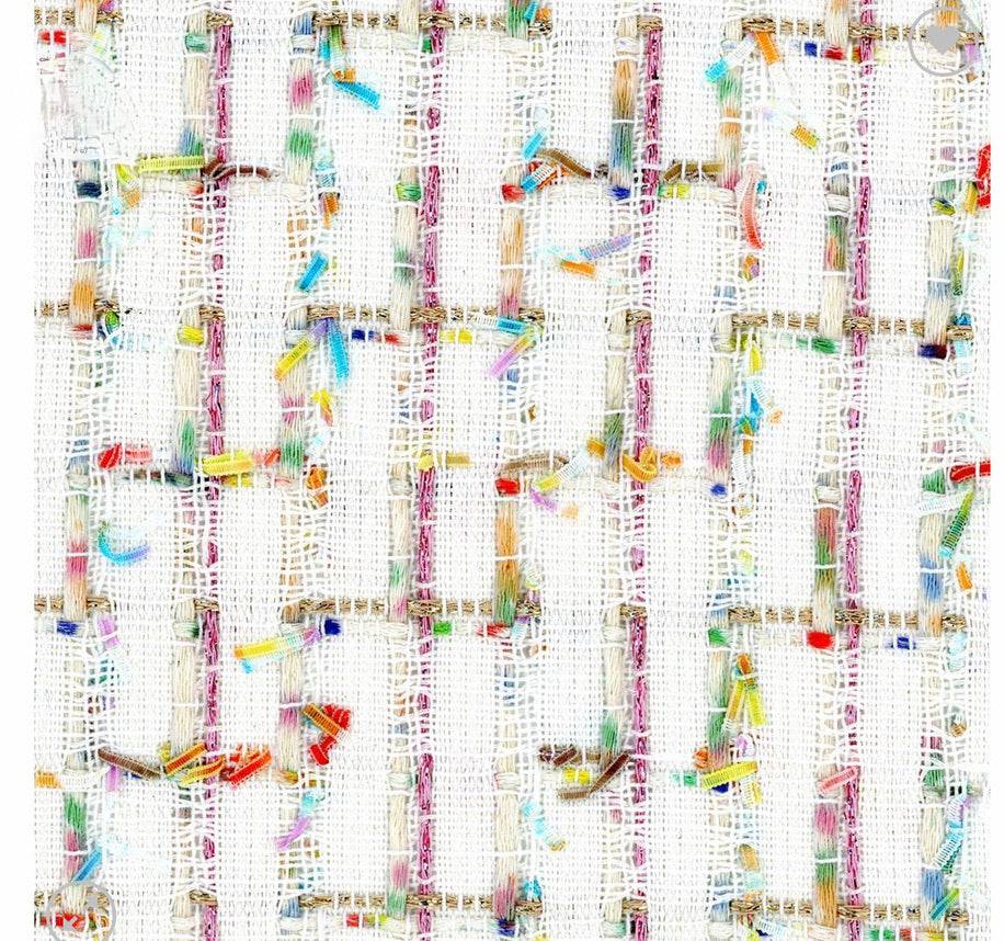 White cream metallic pink gold and multicolored couture boucle fabric by Papermaple Studio, featuring a textured, luxurious textile design.