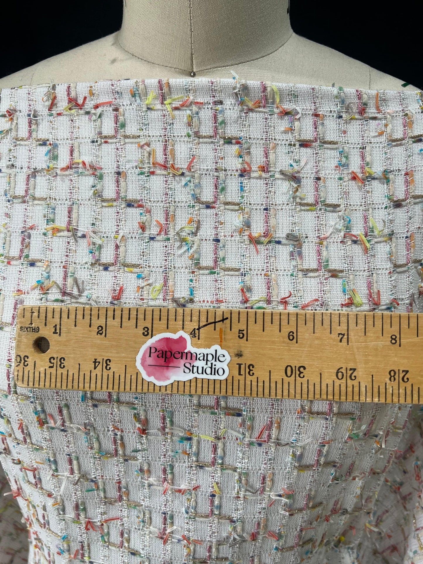 White cream metallic pink gold and multicolored couture boucle fabric by Papermaple Studio, showcasing rich textures and vibrant colors.